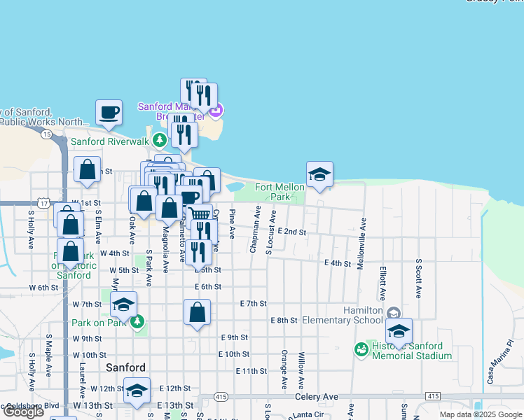 map of restaurants, bars, coffee shops, grocery stores, and more near 711 East 1st Street in Sanford