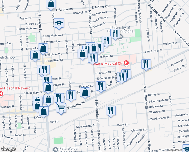 map of restaurants, bars, coffee shops, grocery stores, and more near 2100 North Ben Jordan Street in Victoria