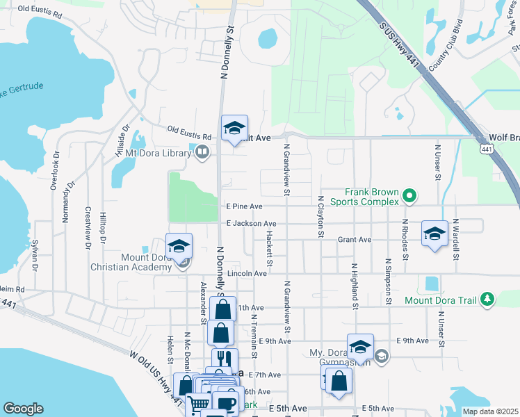 map of restaurants, bars, coffee shops, grocery stores, and more near 312 East Pine Avenue in Mount Dora