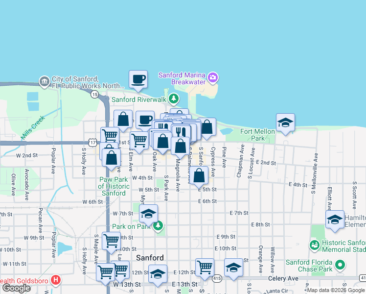 map of restaurants, bars, coffee shops, grocery stores, and more near in Sanford
