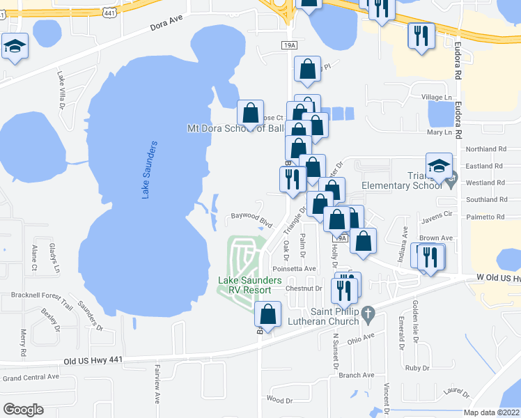 map of restaurants, bars, coffee shops, grocery stores, and more near Baywood Village Court in Mount Dora