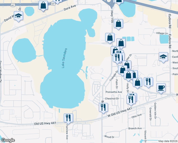map of restaurants, bars, coffee shops, grocery stores, and more near 4300 Baywood Boulevard in Mount Dora