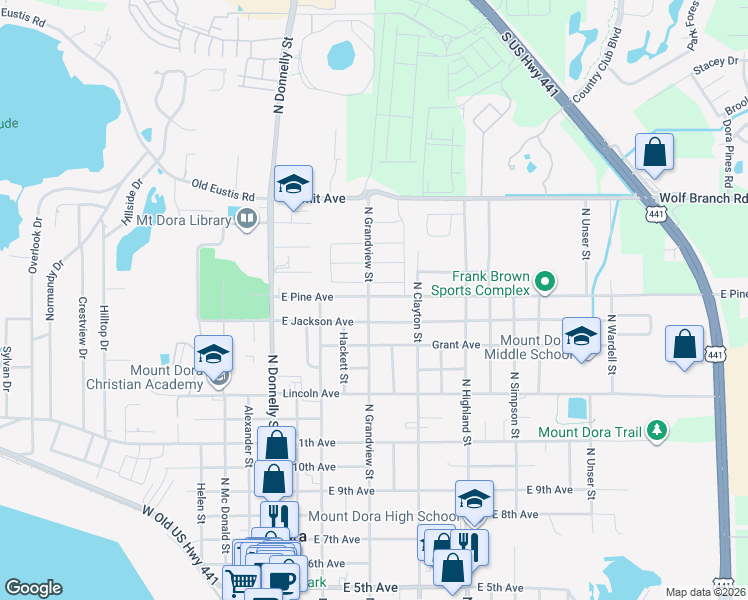 map of restaurants, bars, coffee shops, grocery stores, and more near 1630 North Grandview Street in Mount Dora