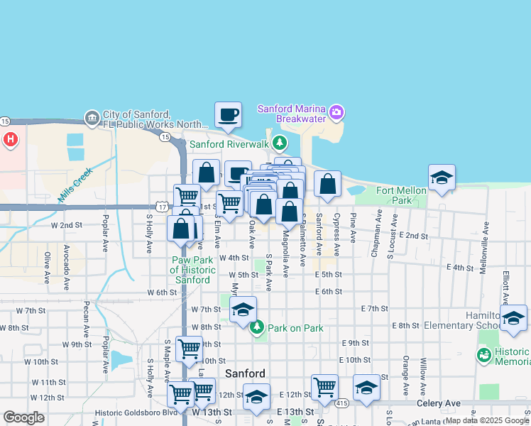 map of restaurants, bars, coffee shops, grocery stores, and more near 114 West 1st Street in Sanford