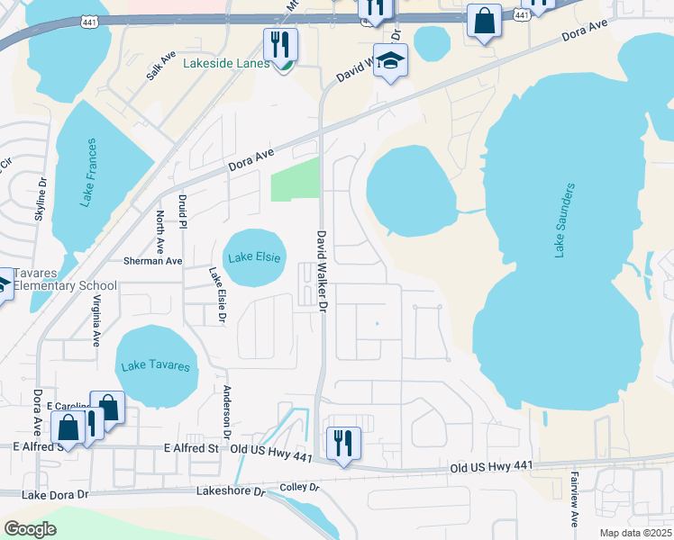 map of restaurants, bars, coffee shops, grocery stores, and more near 1105 Longville Circle in Tavares