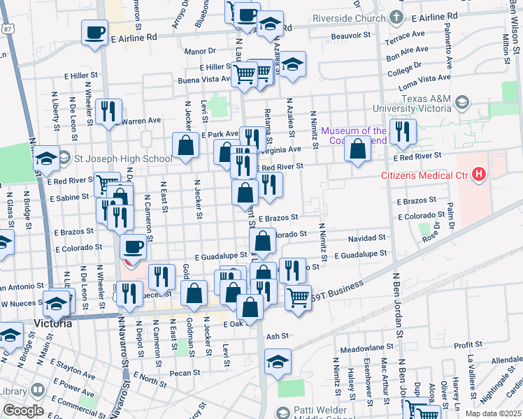 map of restaurants, bars, coffee shops, grocery stores, and more near 2001 North Laurent Street in Victoria