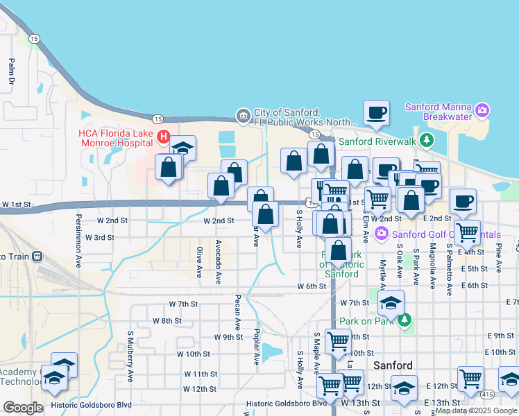 map of restaurants, bars, coffee shops, grocery stores, and more near 918 West 1st Street in Sanford