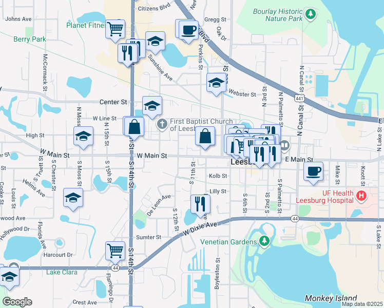 map of restaurants, bars, coffee shops, grocery stores, and more near 1112 West Main Street in Leesburg