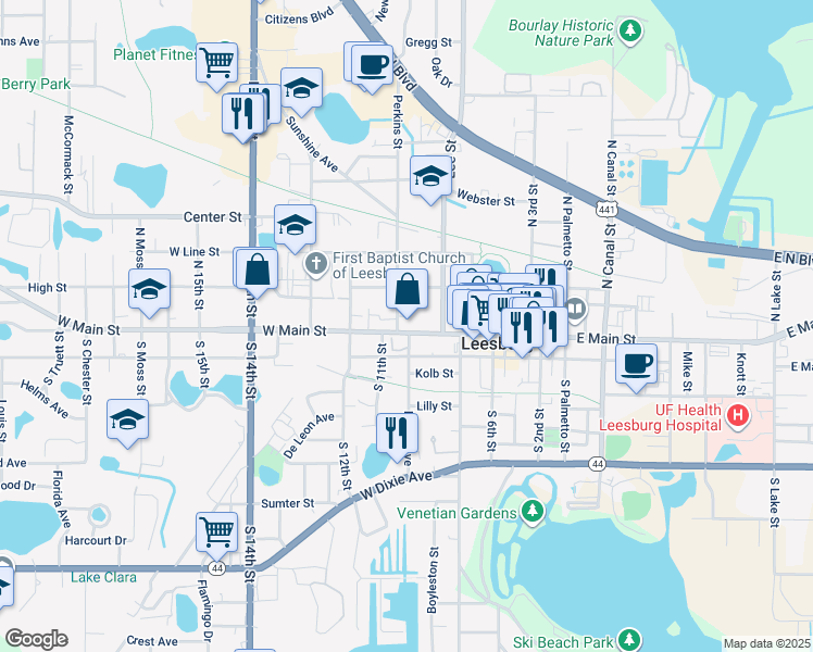 map of restaurants, bars, coffee shops, grocery stores, and more near 107 Perkins Street in Leesburg
