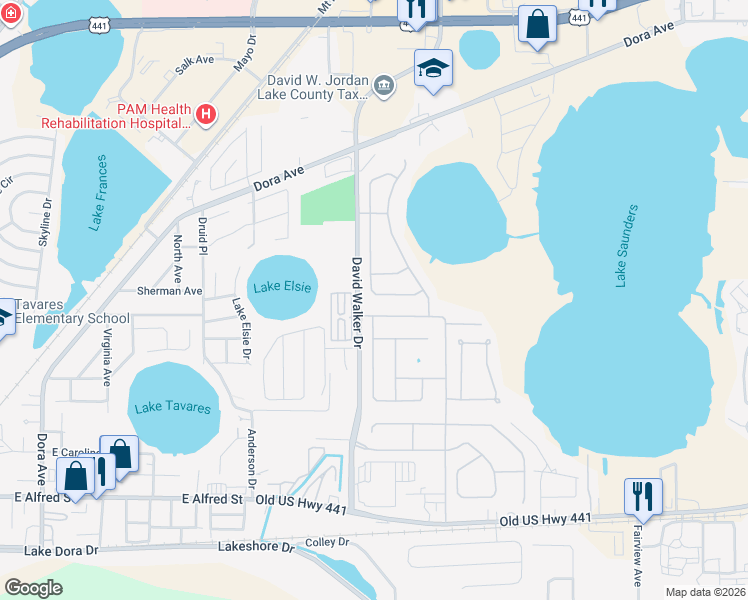 map of restaurants, bars, coffee shops, grocery stores, and more near 1105 Longville Circle in Tavares