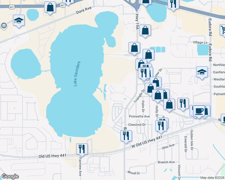 map of restaurants, bars, coffee shops, grocery stores, and more near 1544 Baywood Village Court in Mount Dora