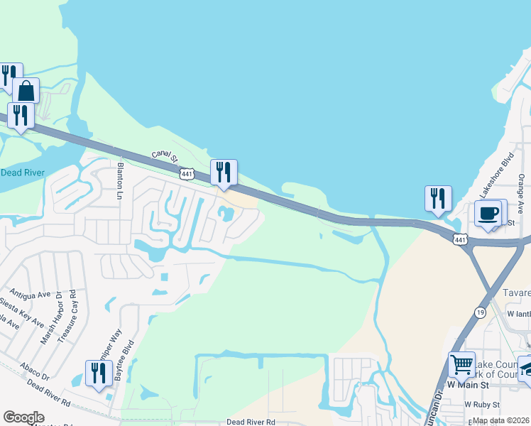map of restaurants, bars, coffee shops, grocery stores, and more near 2040 Vindale Road in Tavares