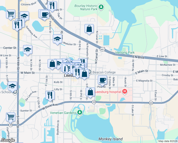 map of restaurants, bars, coffee shops, grocery stores, and more near 100 East Main Street in Leesburg