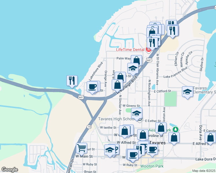 map of restaurants, bars, coffee shops, grocery stores, and more near 1010 Orange Avenue in Tavares