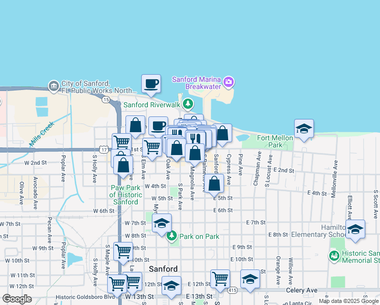 map of restaurants, bars, coffee shops, grocery stores, and more near in Sanford