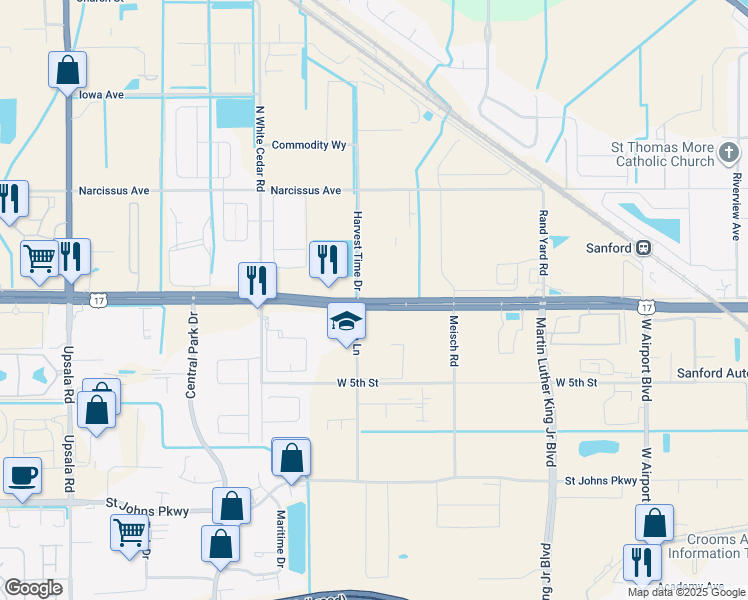 map of restaurants, bars, coffee shops, grocery stores, and more near 3400 Florida 46 in Sanford