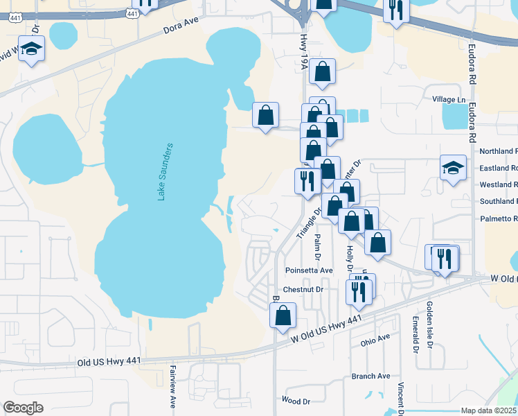 map of restaurants, bars, coffee shops, grocery stores, and more near 1544 Baywood Village Court in Mount Dora