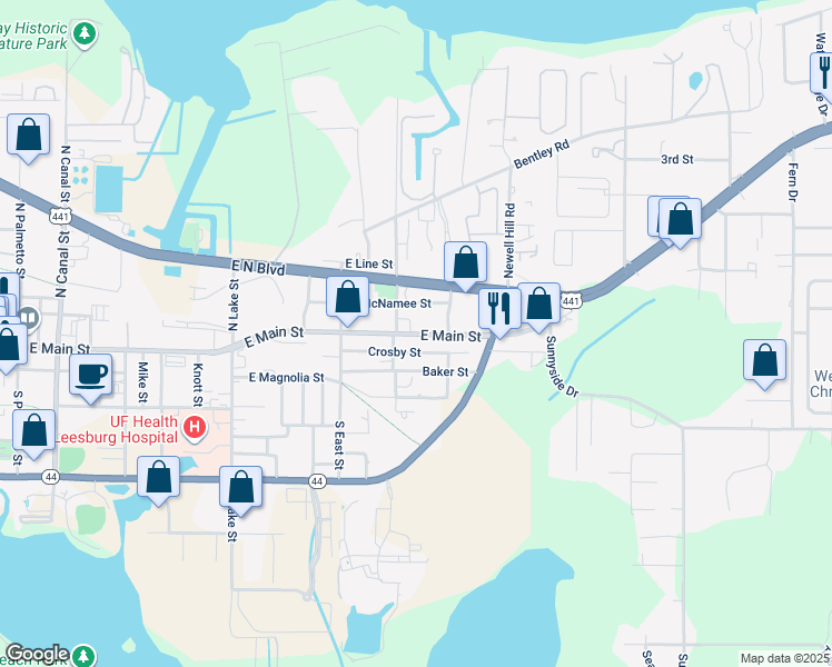 map of restaurants, bars, coffee shops, grocery stores, and more near 1112 East Main Street in Leesburg