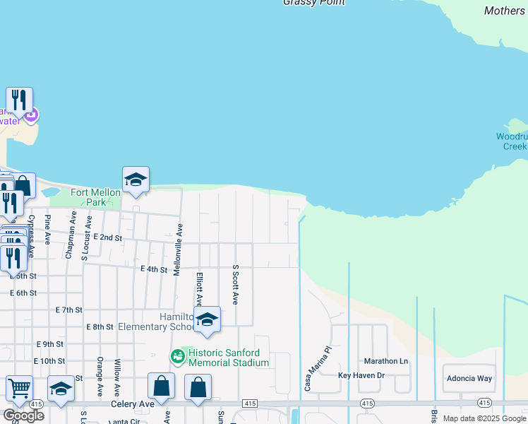 map of restaurants, bars, coffee shops, grocery stores, and more near 121 North Virginia Avenue in Sanford