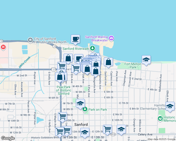 map of restaurants, bars, coffee shops, grocery stores, and more near 114 West 1st Street in Sanford