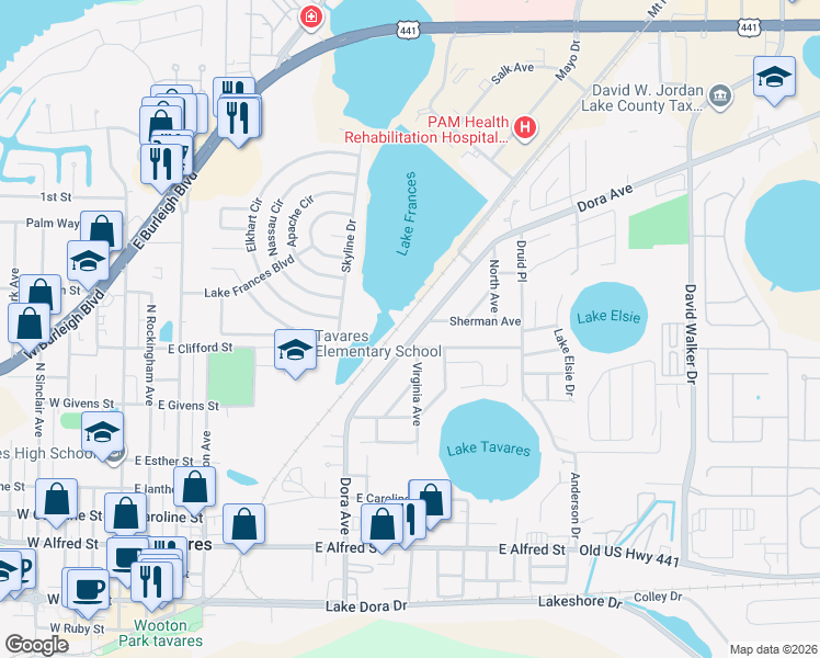 map of restaurants, bars, coffee shops, grocery stores, and more near 1007 Dora Avenue in Tavares