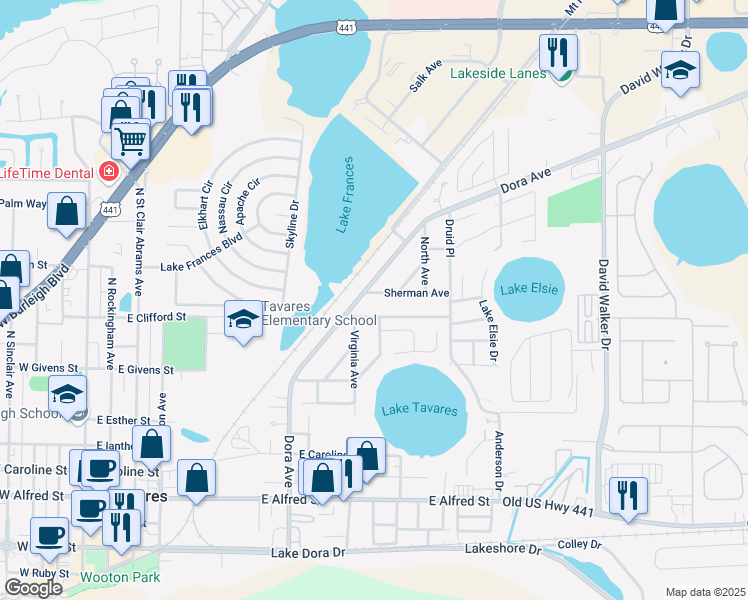 map of restaurants, bars, coffee shops, grocery stores, and more near 1200 Sherman Avenue in Tavares