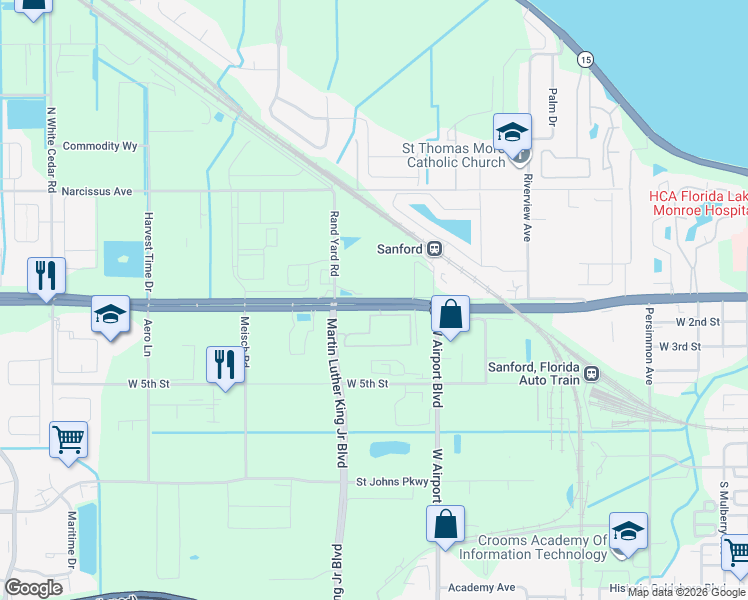 map of restaurants, bars, coffee shops, grocery stores, and more near 2726 Florida 46 in Sanford