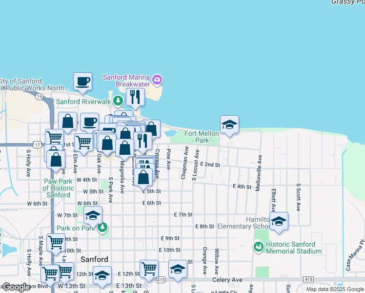 map of restaurants, bars, coffee shops, grocery stores, and more near 613 East 1st Street in Sanford