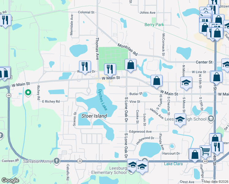 map of restaurants, bars, coffee shops, grocery stores, and more near 2312 Butler Street in Leesburg