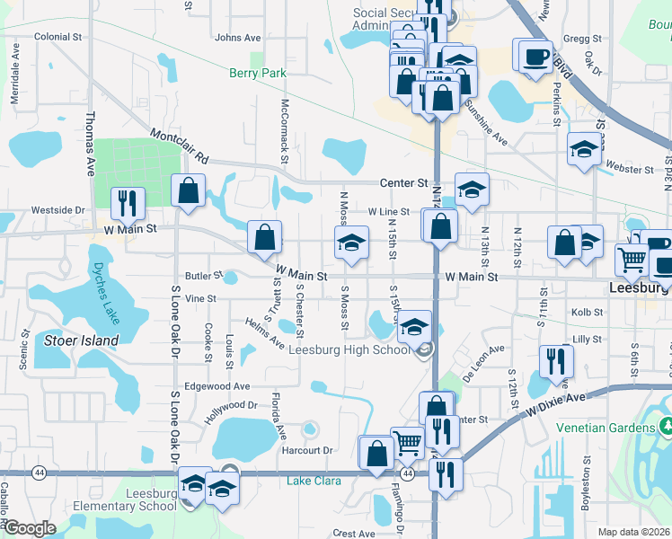 map of restaurants, bars, coffee shops, grocery stores, and more near 109 North Moss Street in Leesburg