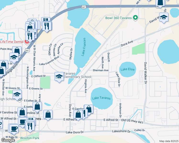 map of restaurants, bars, coffee shops, grocery stores, and more near 1198 Sherman Avenue in Tavares