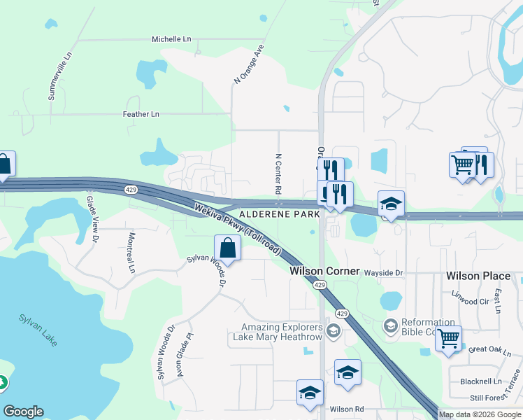 map of restaurants, bars, coffee shops, grocery stores, and more near 110 North Center Road in Sanford