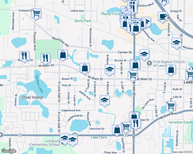 map of restaurants, bars, coffee shops, grocery stores, and more near 108 North Chester Street in Leesburg