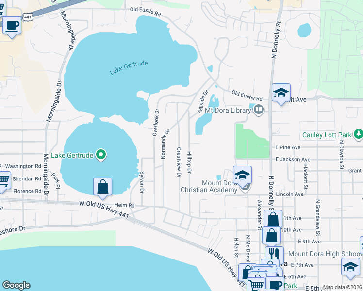 map of restaurants, bars, coffee shops, grocery stores, and more near 1640 Crestview Drive in Mount Dora