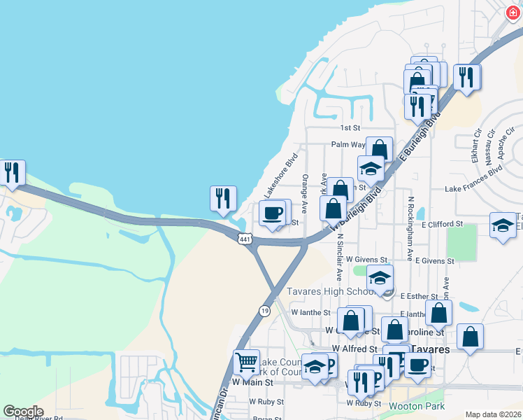 map of restaurants, bars, coffee shops, grocery stores, and more near 903 Villa Lagoon Drive in Tavares