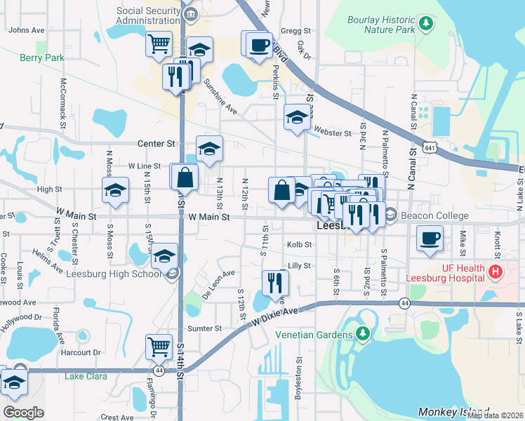 map of restaurants, bars, coffee shops, grocery stores, and more near 1112 West Main Street in Leesburg
