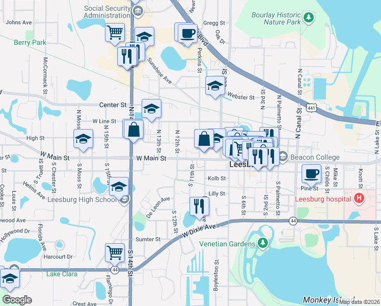 map of restaurants, bars, coffee shops, grocery stores, and more near 107 Perkins Street in Leesburg
