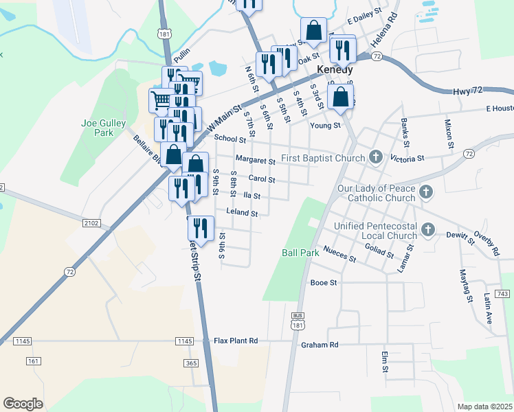 map of restaurants, bars, coffee shops, grocery stores, and more near 708 South 7th Street in Kenedy
