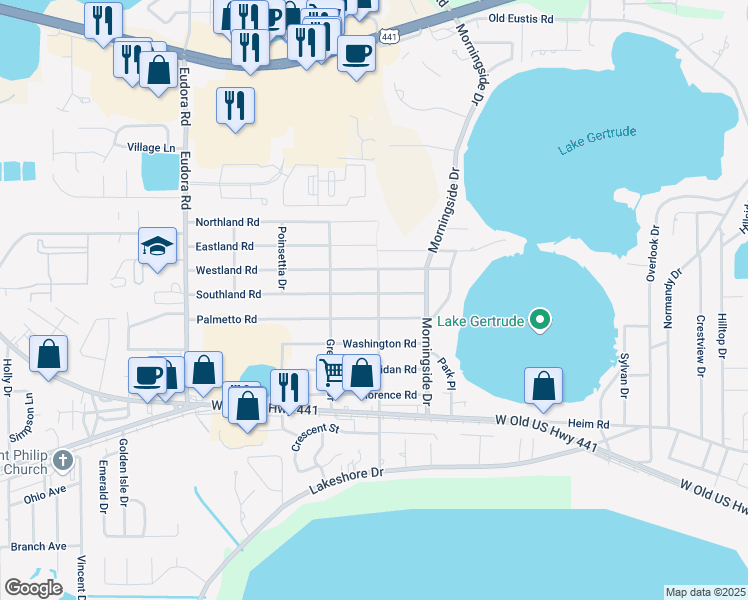 map of restaurants, bars, coffee shops, grocery stores, and more near 2240 Southland Road in Mount Dora