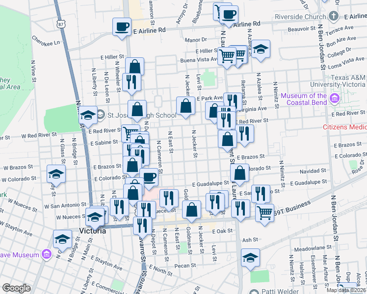 map of restaurants, bars, coffee shops, grocery stores, and more near 1805 North Goldman Street in Victoria