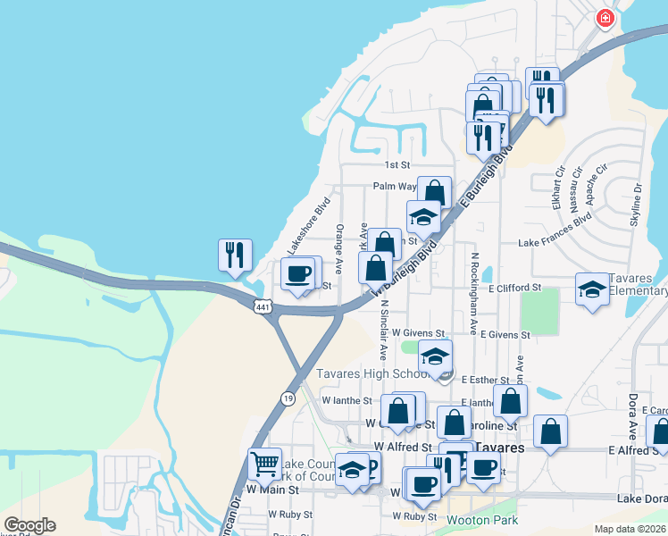 map of restaurants, bars, coffee shops, grocery stores, and more near 1015 Orange Avenue in Tavares
