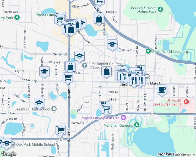 map of restaurants, bars, coffee shops, grocery stores, and more near 108 North 12th Street in Leesburg