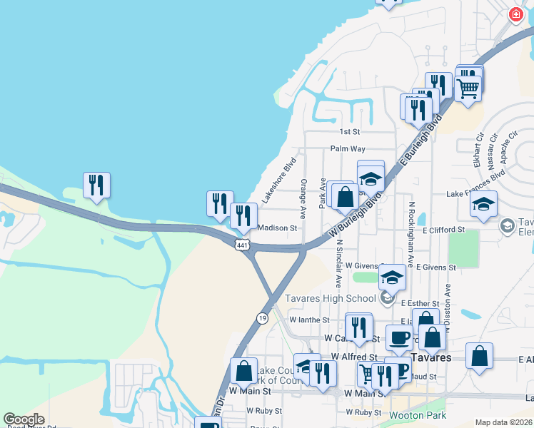 map of restaurants, bars, coffee shops, grocery stores, and more near 714 Tangerine Street in Tavares