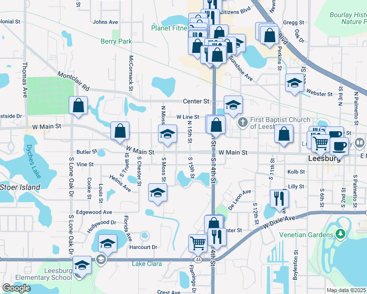 map of restaurants, bars, coffee shops, grocery stores, and more near 106 North 15th Street in Leesburg