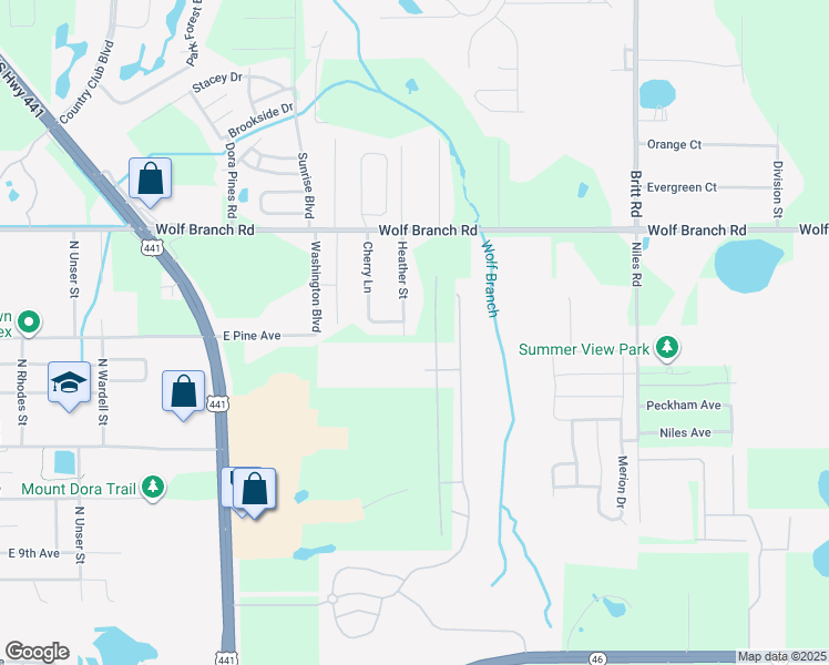 map of restaurants, bars, coffee shops, grocery stores, and more near 1710 Heather Street in Mount Dora