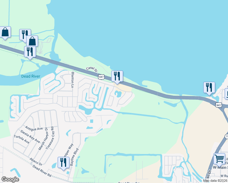 map of restaurants, bars, coffee shops, grocery stores, and more near 1024 Hilltop Road in Tavares