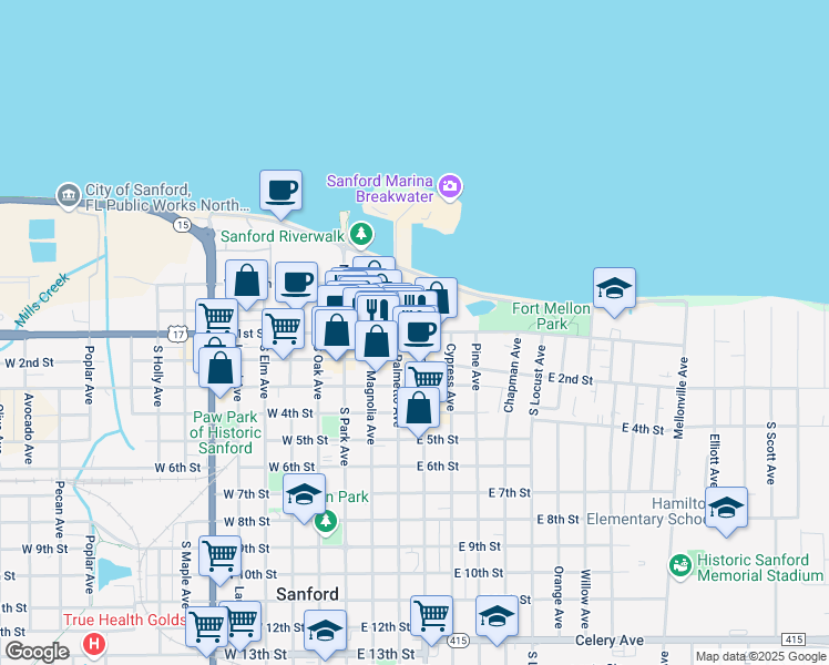 map of restaurants, bars, coffee shops, grocery stores, and more near 398 East 1st Street in Sanford