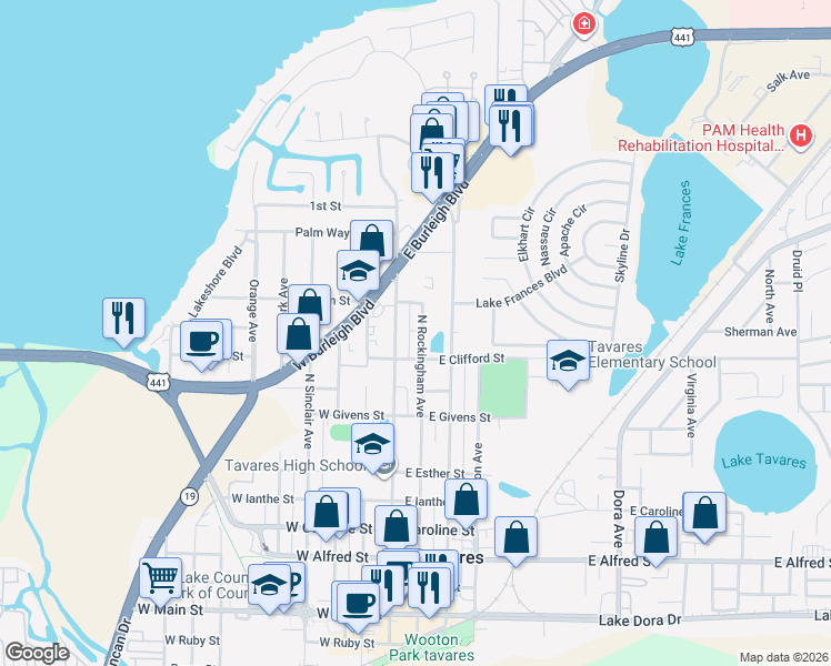map of restaurants, bars, coffee shops, grocery stores, and more near 1102 North New Hampshire Avenue in Tavares