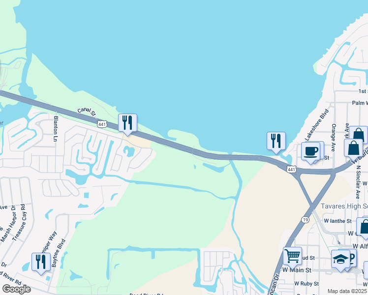 map of restaurants, bars, coffee shops, grocery stores, and more near 2724 West Burleigh Boulevard in Tavares