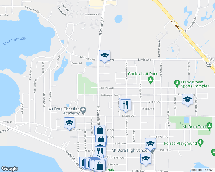 map of restaurants, bars, coffee shops, grocery stores, and more near 209 East Pine Avenue in Mount Dora
